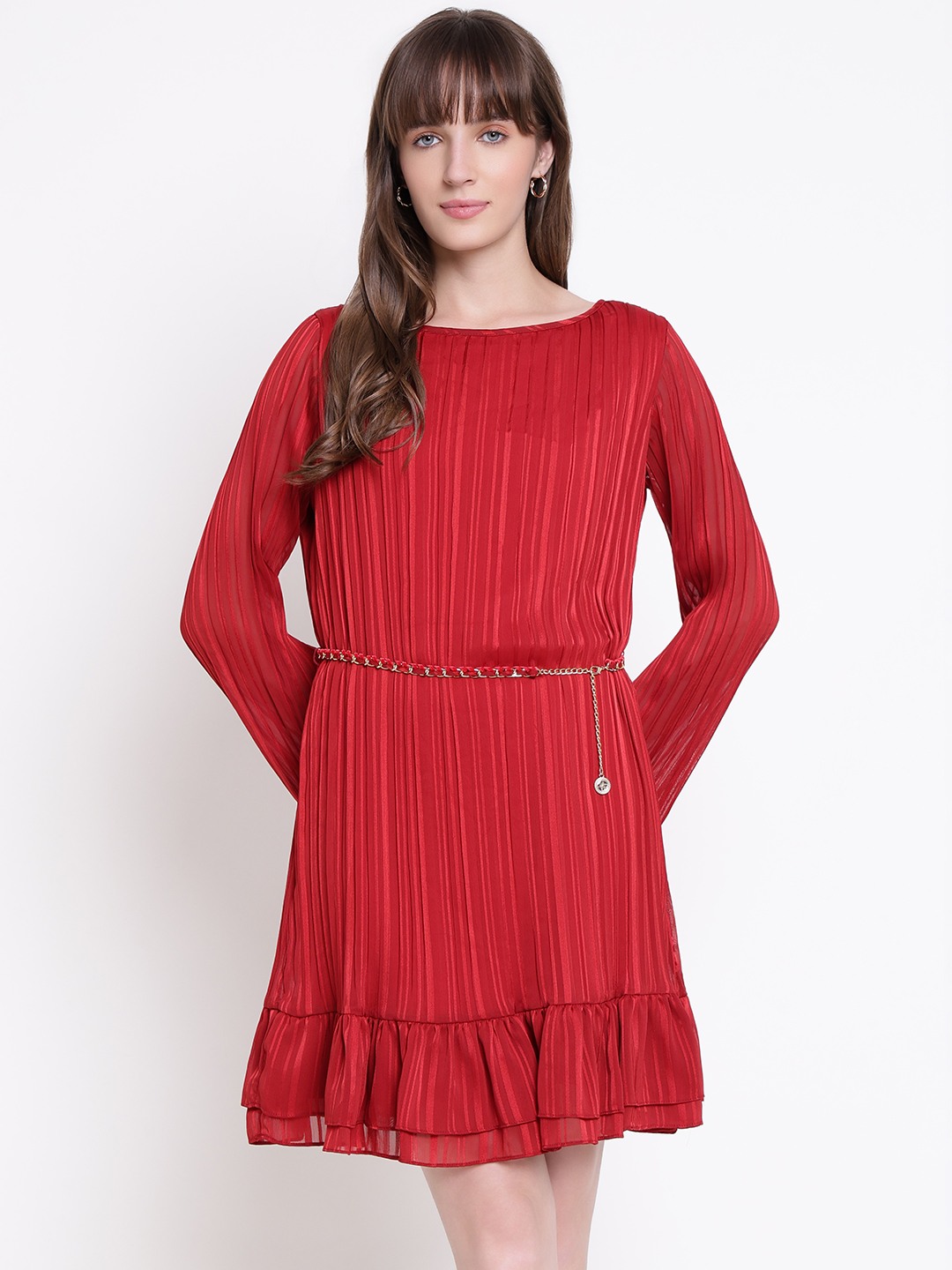 Guess Women Ilenia Pleat Bohemian Red Solid Boat Neck Regular Fit Tiered Dress