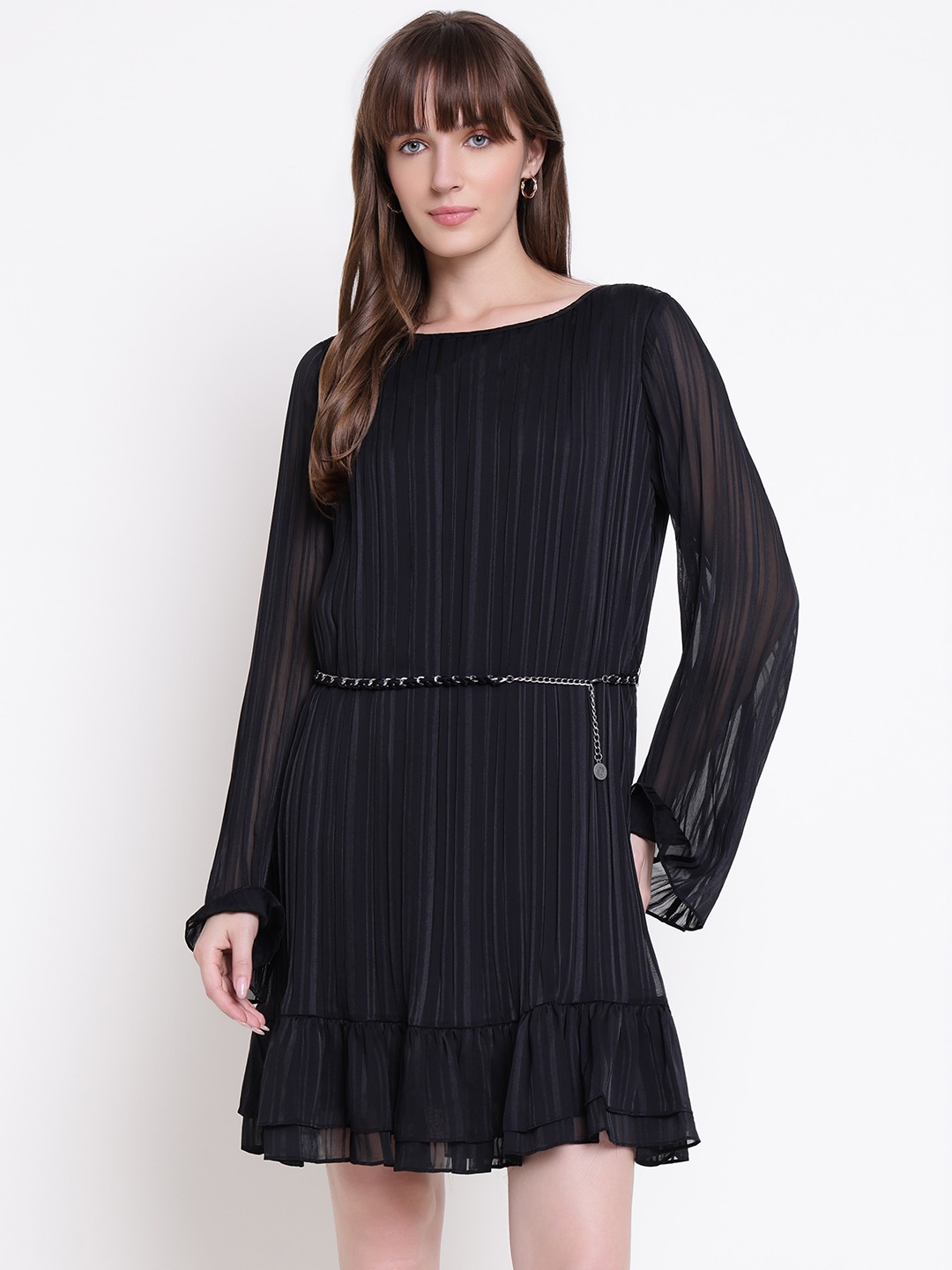 Guess Women Ilenia Pleat Jet Black Solid Boat Neck Regular Fit Tiered Dress