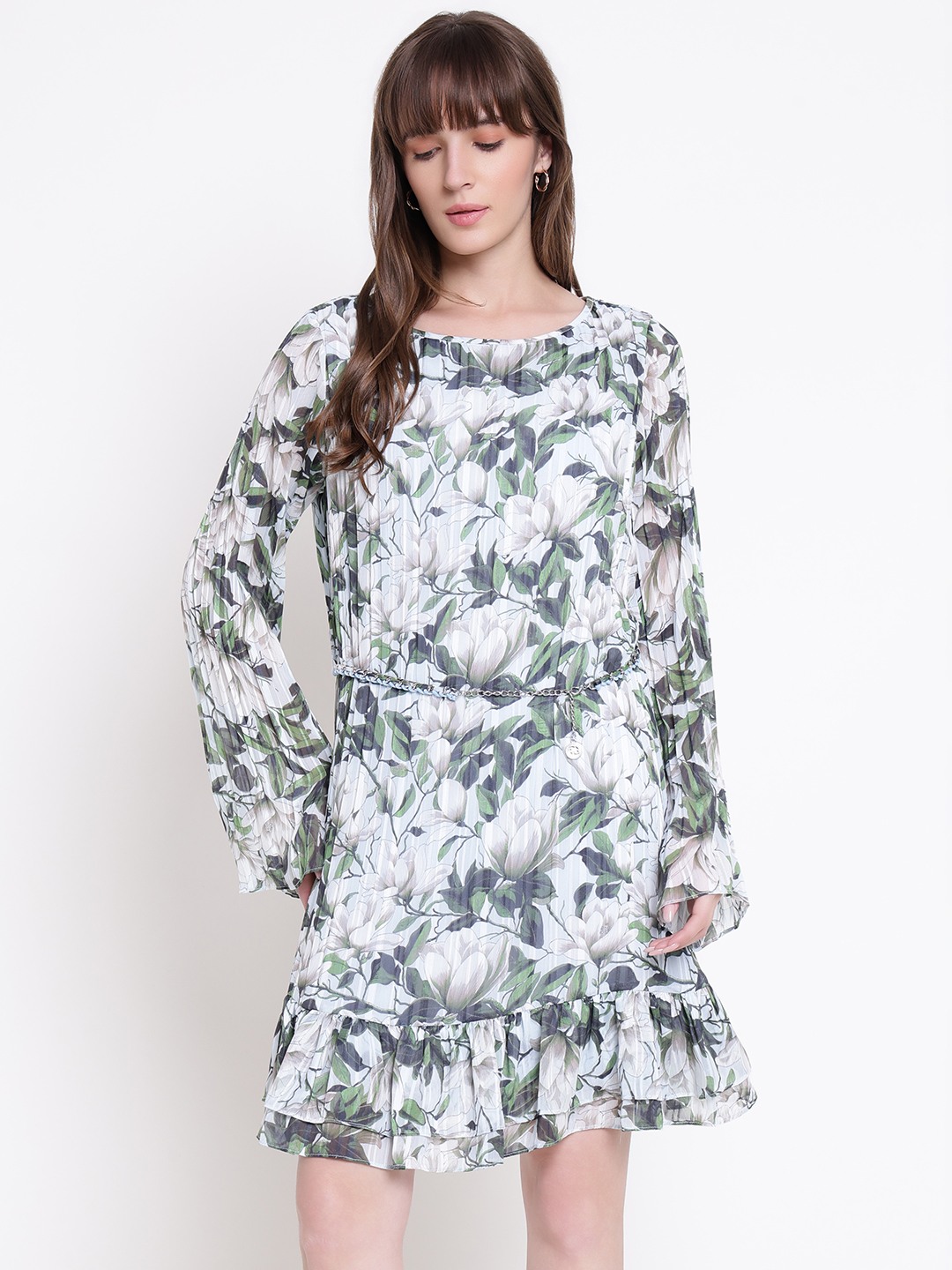 Guess Women Ilenia Pleat Blossom Breeze Floral Boat Neck Regular Fit Tiered Dress