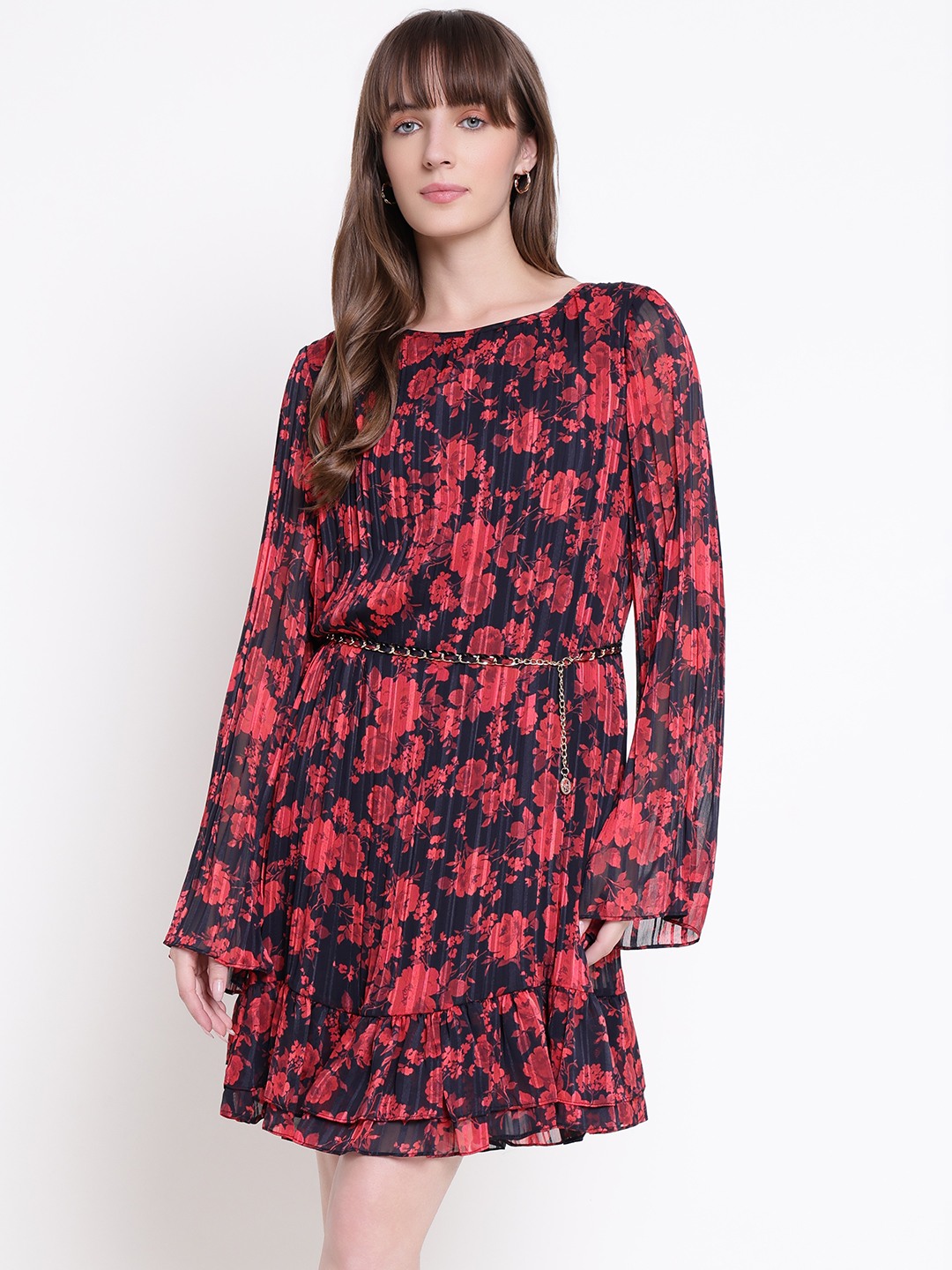 Guess Women Ilenia Pleat Red Little Roses Floral Boat Neck Regular Fit Tiered Dress