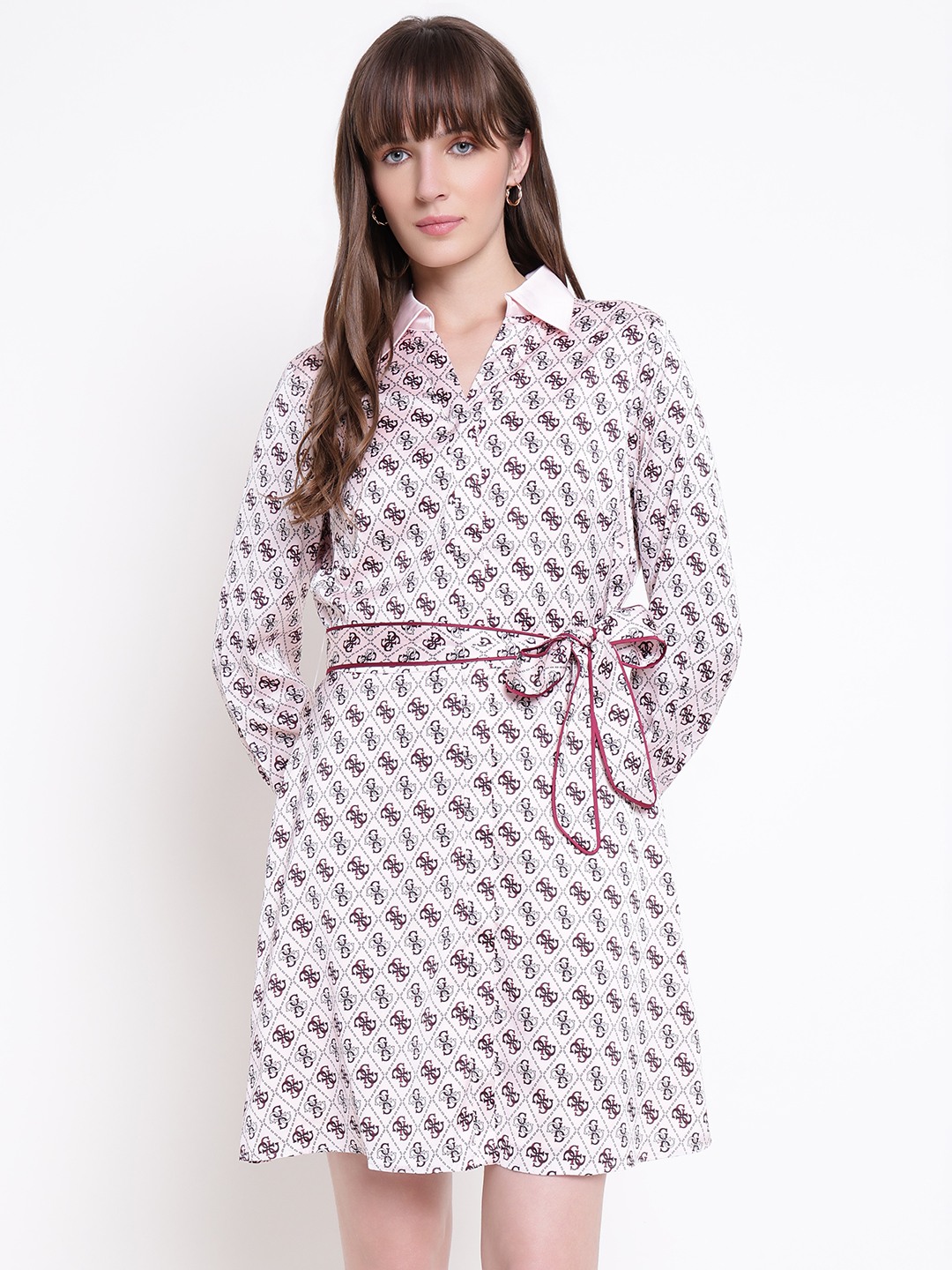 Guess Women Blerta Chemisier All Over Logo Bar Geometric Spread Collar Regular Fit Shirt Dress