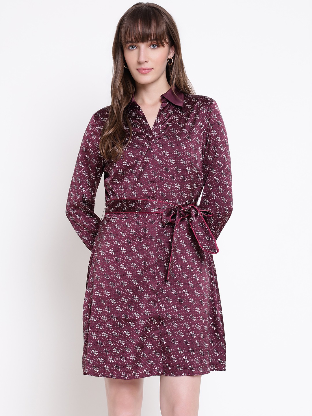 Guess Women Blerta Chemisier All Over Logo Geometric Spread Collar Regular Fit Shirt Dress