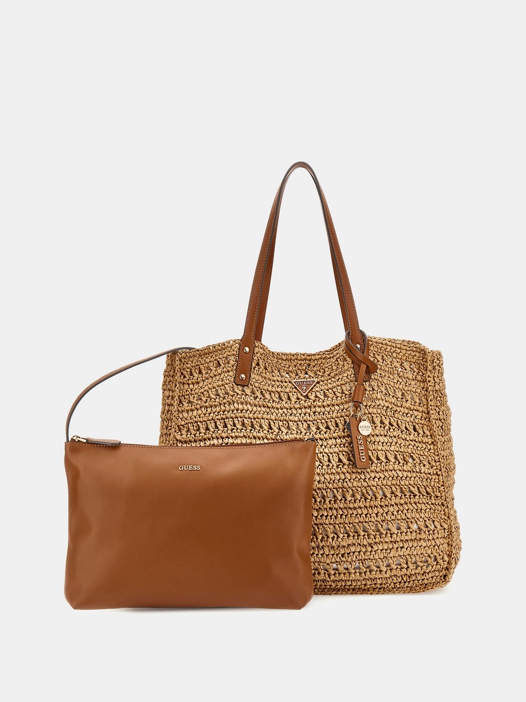 Guess Cognac Woven Irene Large 2 In 1 Tote Bag