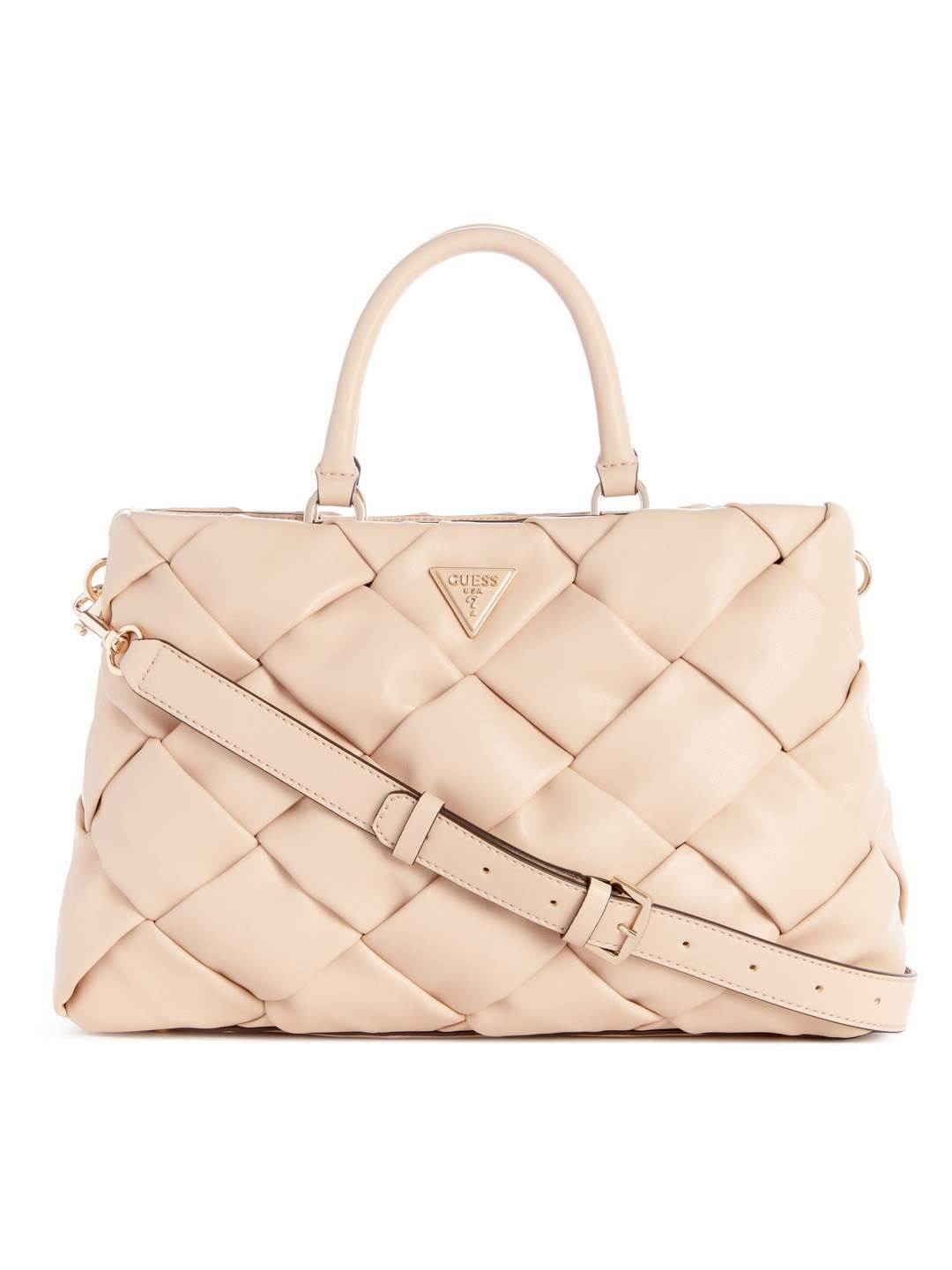 Guess Women Beige Woven Quilted Satchel Bag
