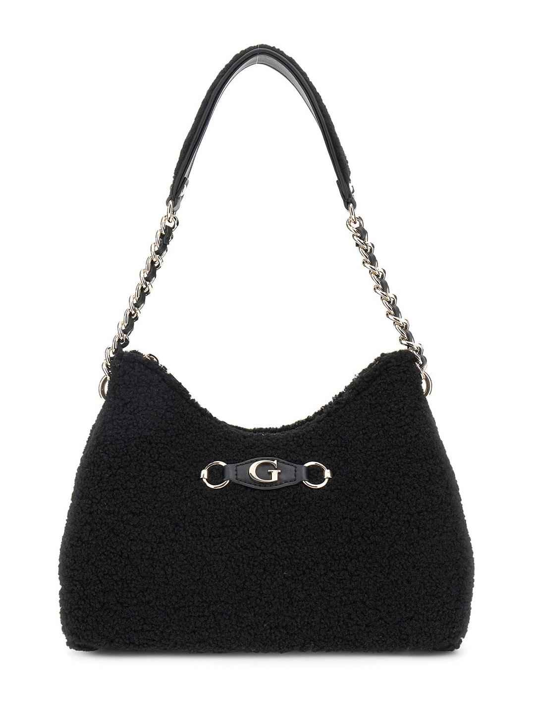 Black Textured Aslia Top Zip Shoulder Bag