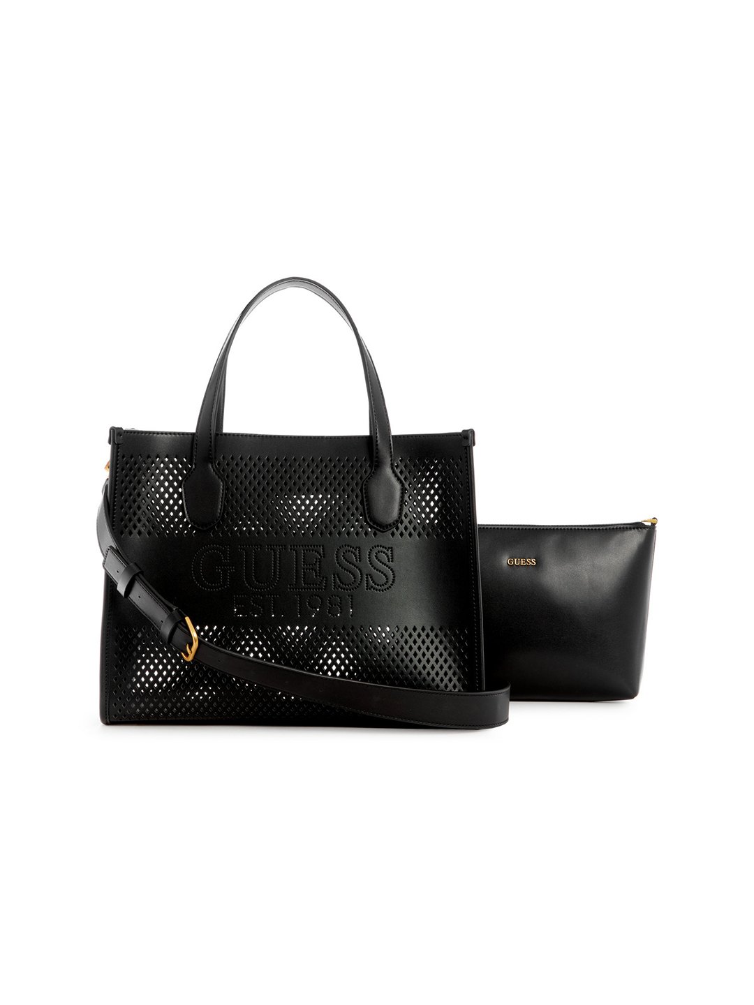 Guess Women Self Design Black Katey Small Tote