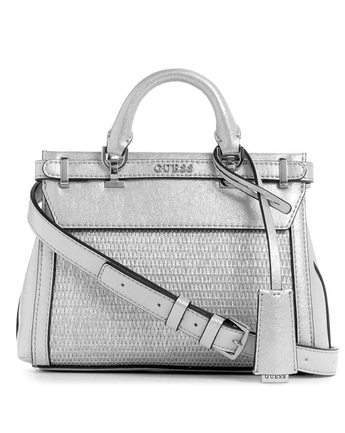 Silver Polyester Textured Mini Satchel Bag
