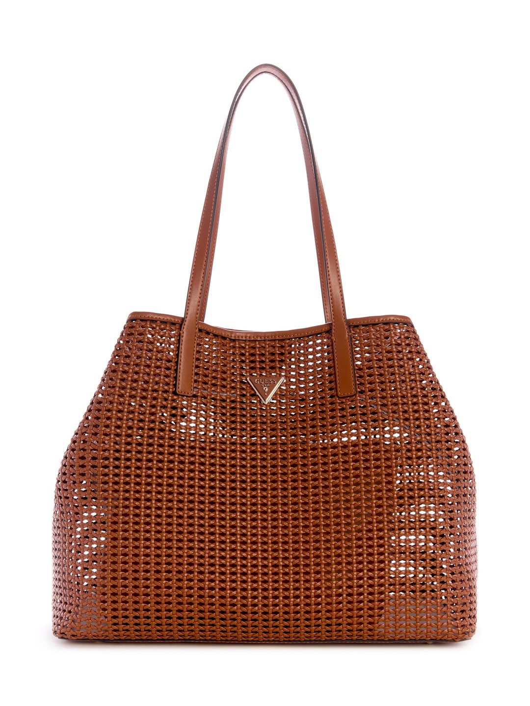 Guess Women Brown Woven Lattice Top Handles Tote Bag with Inner Pouch