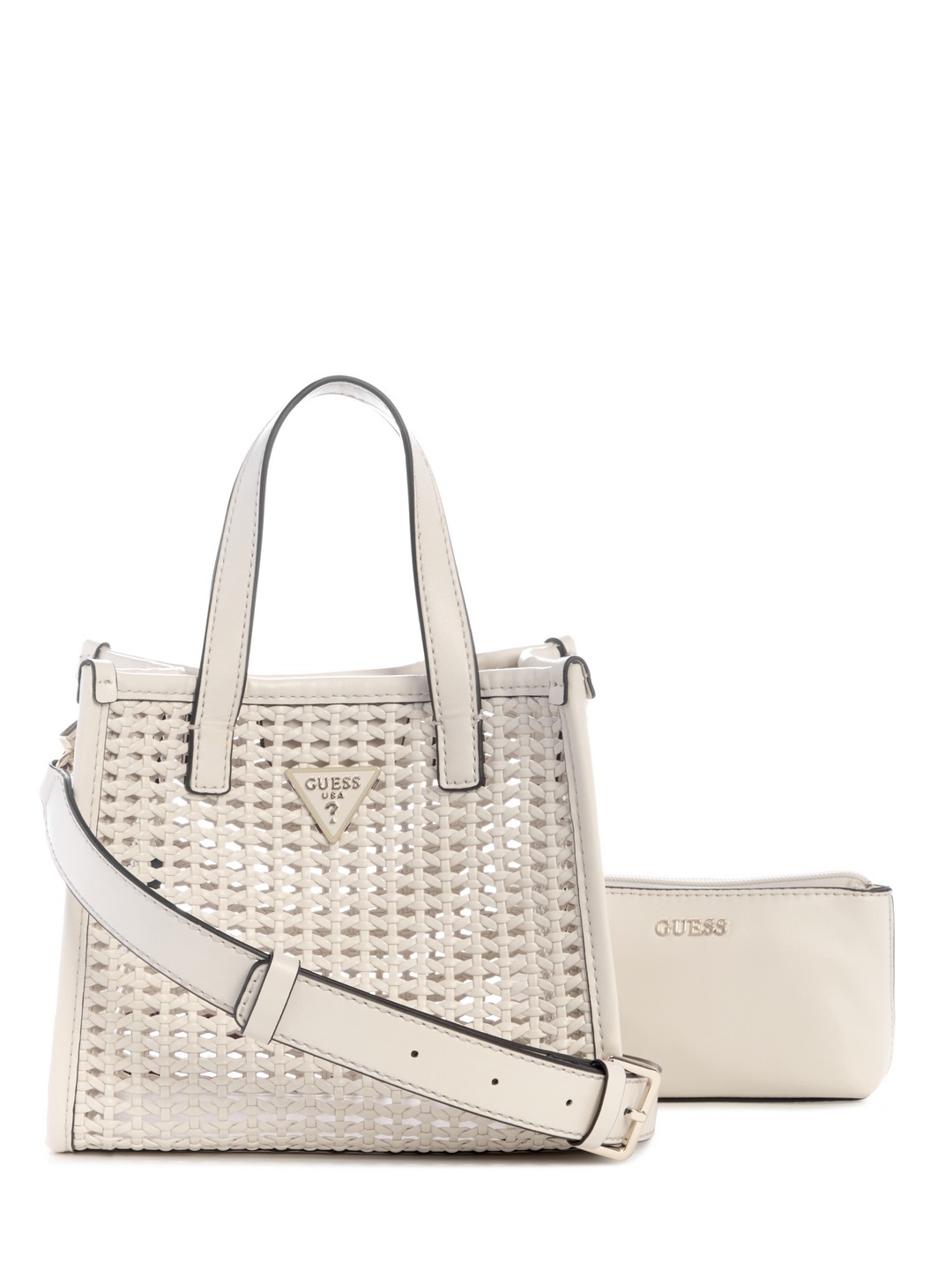 Guess Women Beige Woven Lattice Adjustable Detachable Strap Mini Carryall Tote Bag with Inner Bag