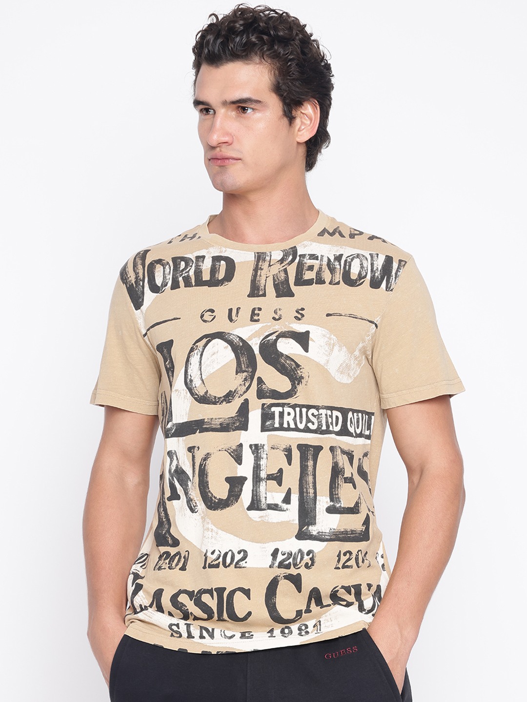 Beige Printed Crew Neck Short Sleeve T-Shirt