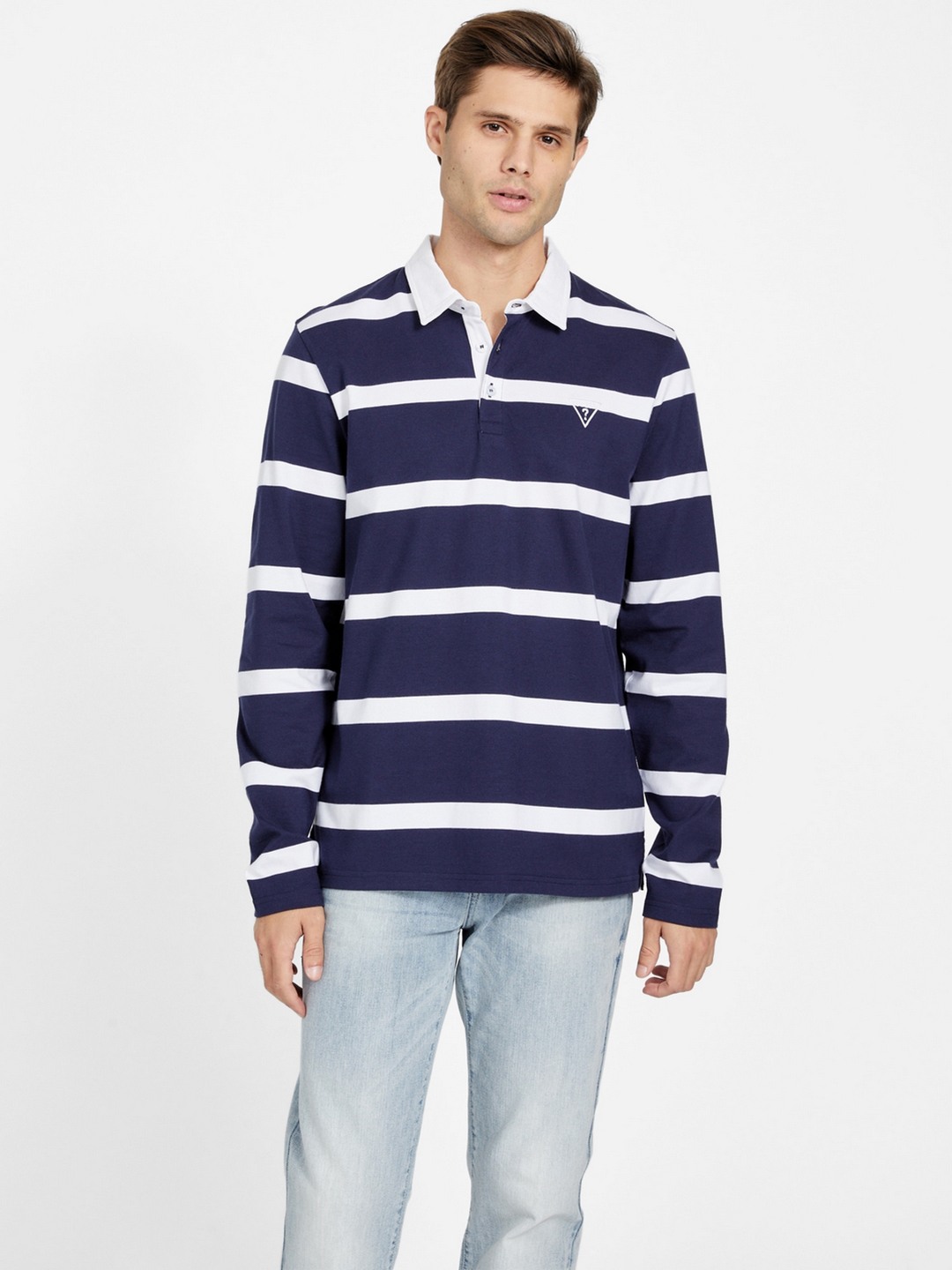 Guess Men Striped Polo Collar Long Sleeves Rugby T-Shirt
