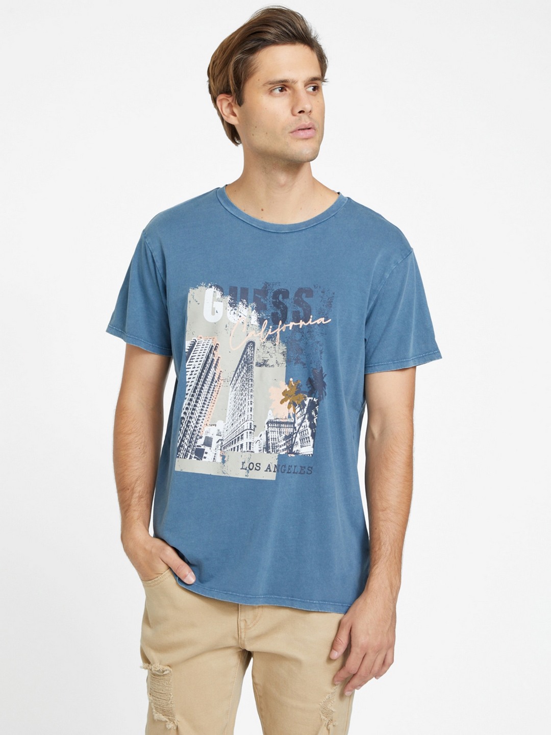 Men Blue Printed Round Neck T-shirt