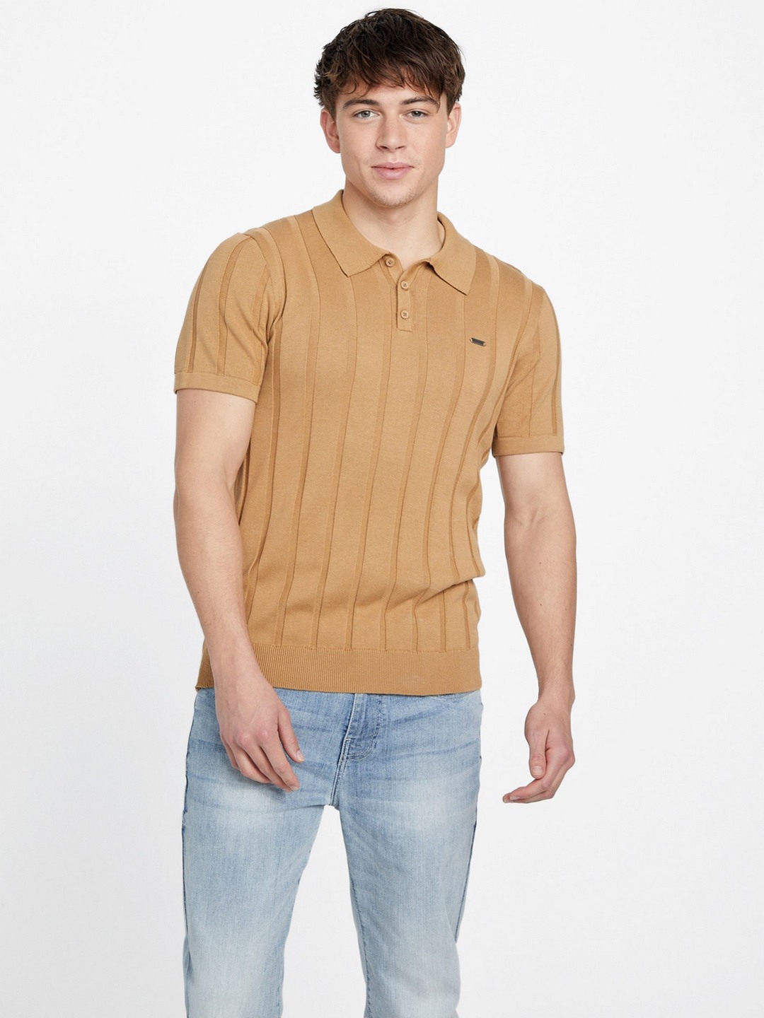 Brown Textured Polo Neck T-Shirt