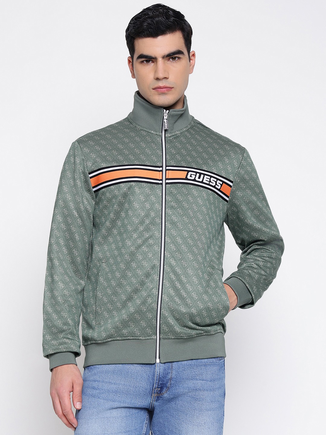 Korbin Full Zip Double Knit 4G Aop Sterling Green Geometric High Neck Regular Fit Sweatshirt