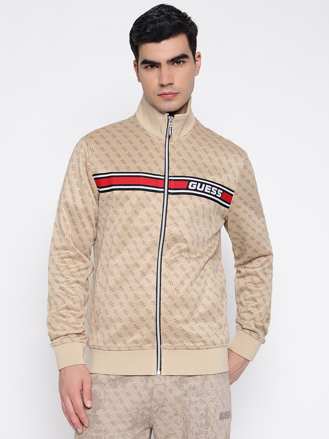 Guess Korbin Full Zip Double Knit 4G Aop Beige Blanco Geometric High Neck Regular Fit Sweatshirt