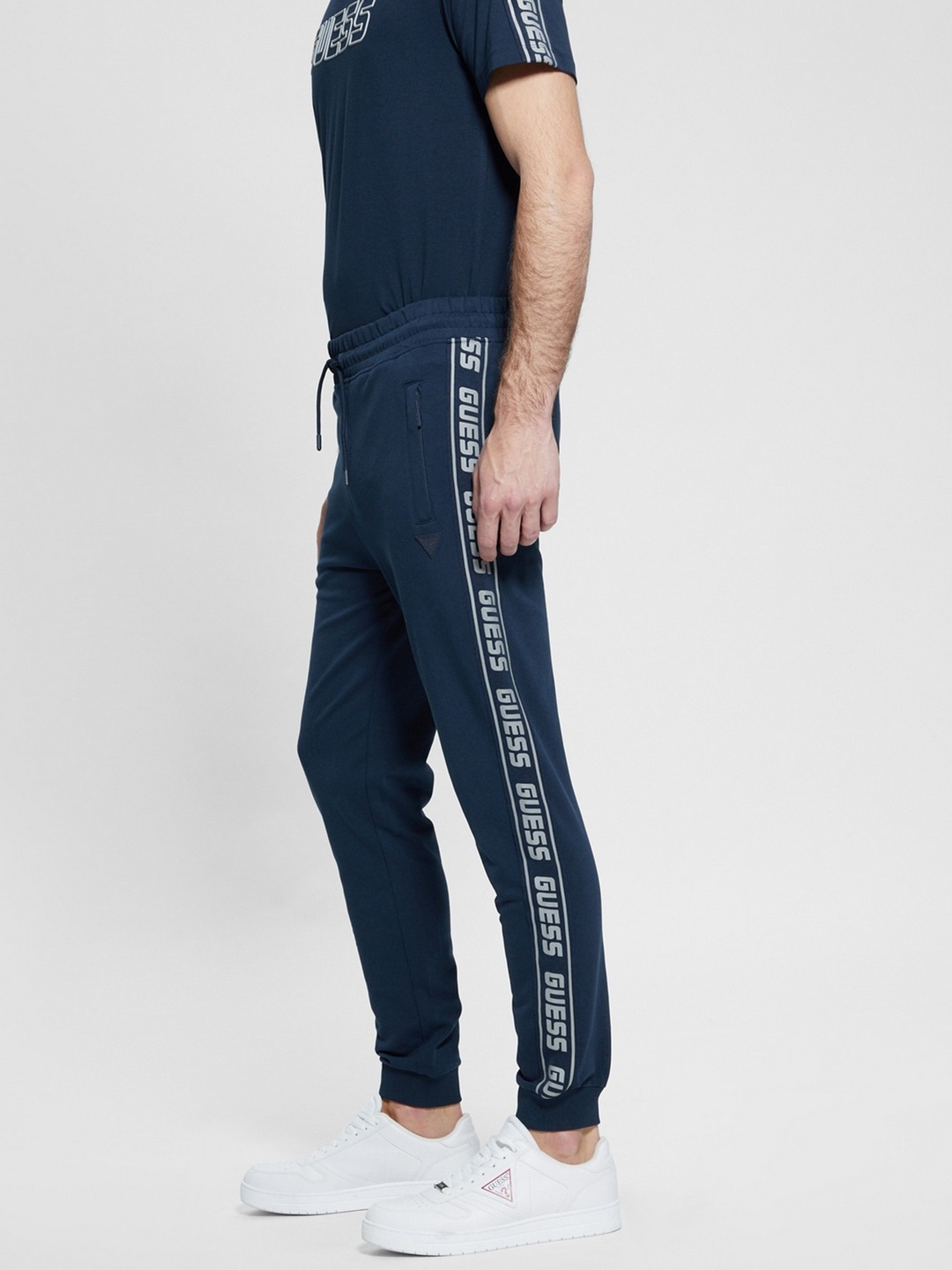 Guess Blue Cotton Blend Solid Regular Fit Trackpant