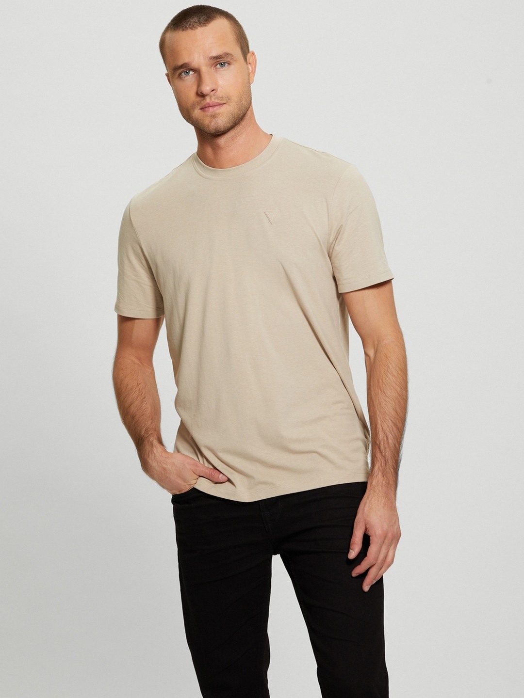 Guess Men's Beige Solid Round Neck Short Sleeves T-Shirt