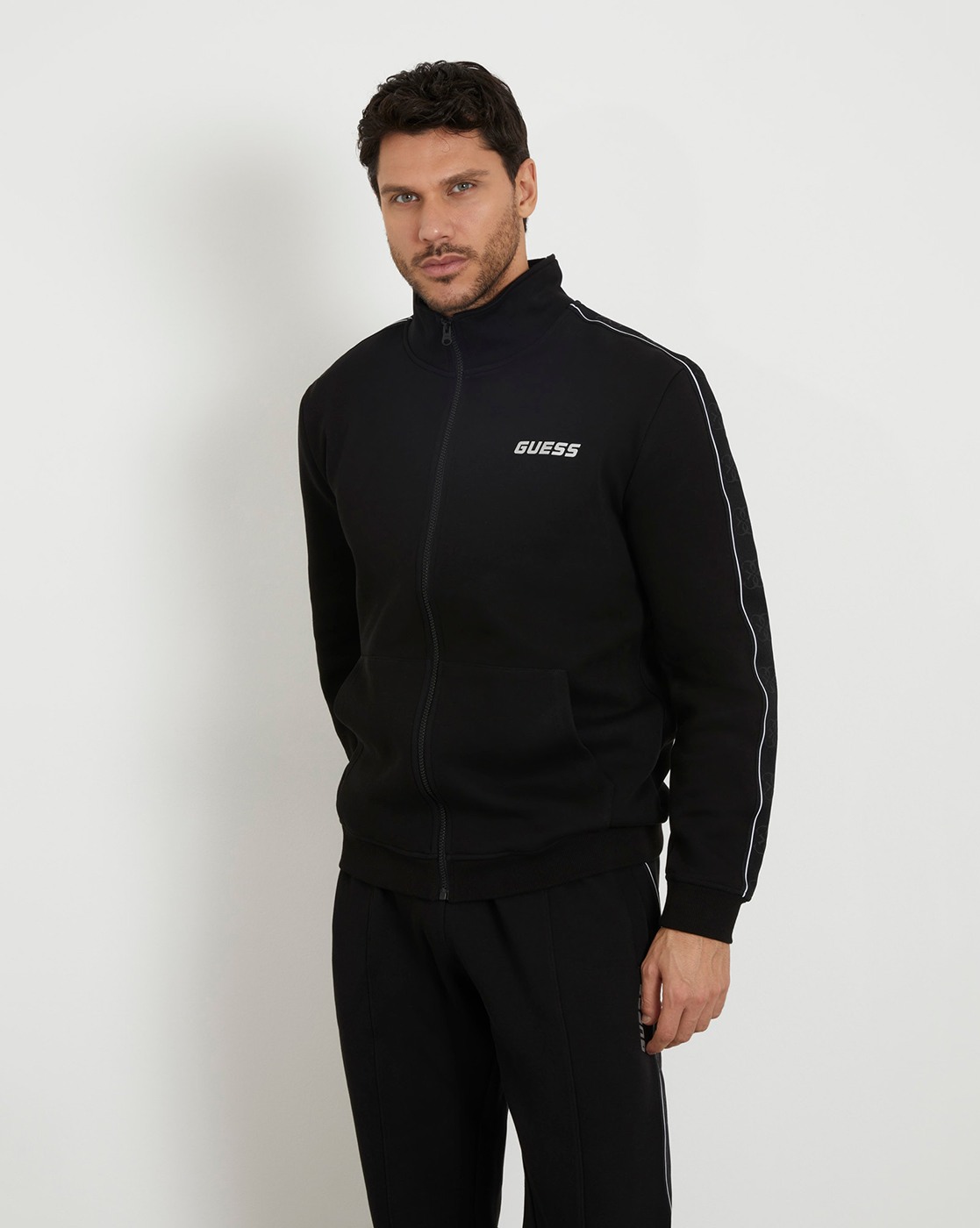 Guess Men Solid High Neck Full Sleeves Zipped Sweatshirt