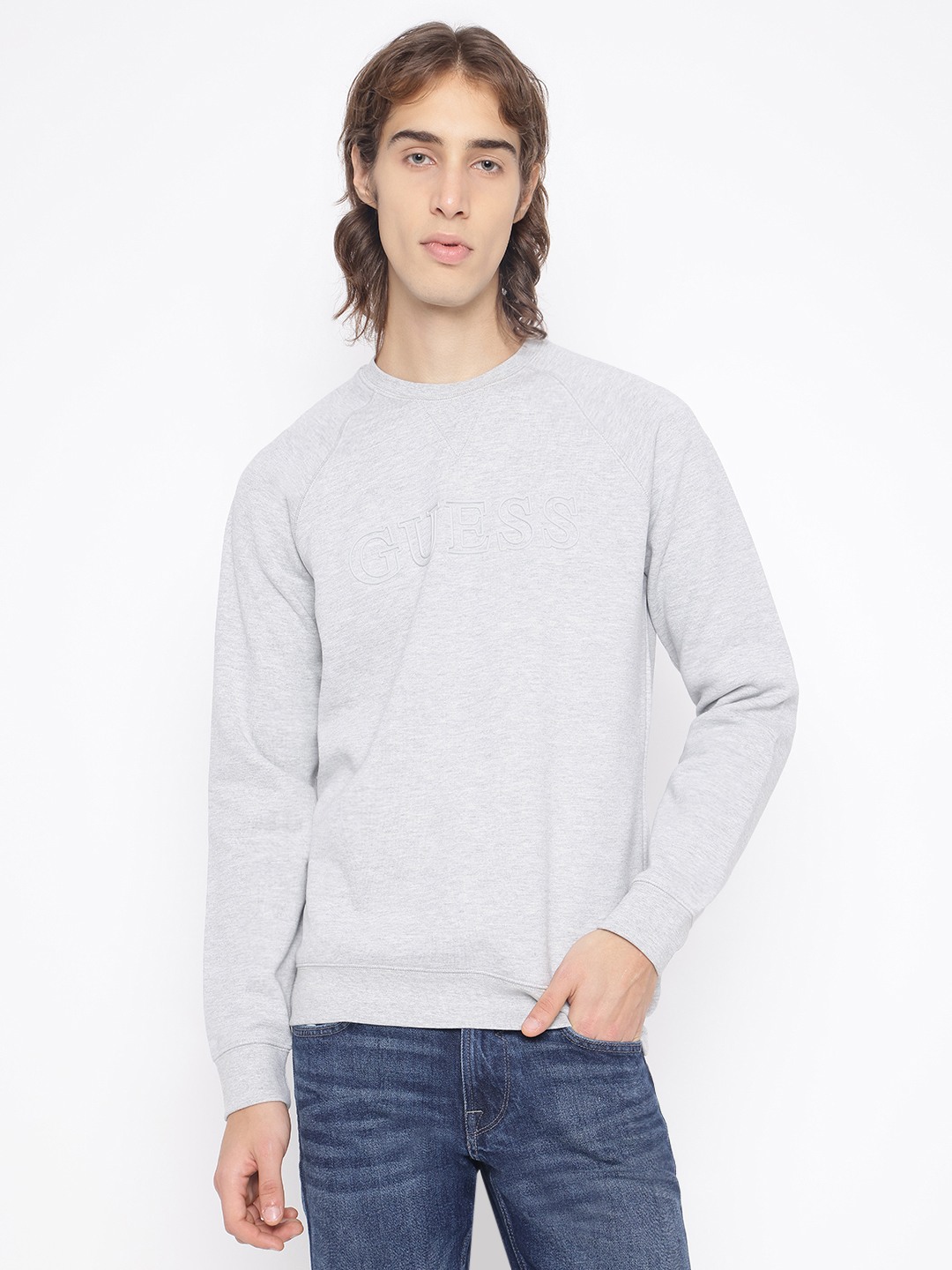 Guess Men's Grey Solid Crew Neck Long Sleeves Sweatshirt