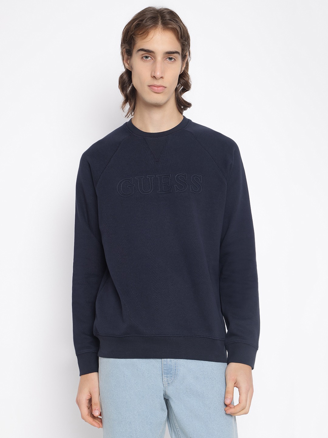 Guess Men's Navy Blue Solid Crew Neck Long Sleeves Sweatshirt