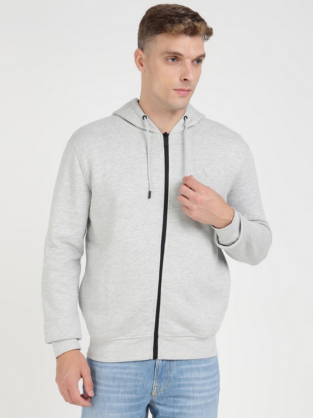 Grey Cotton Blend Solid Hooded Neck Sweatshirt