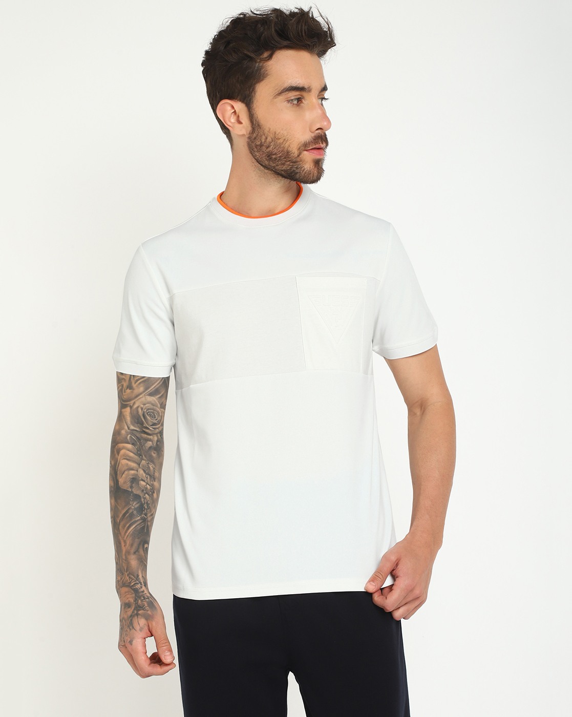 Men's White Polyester Logo Regular Fit Crew Neck Short Sleeve T-shirt