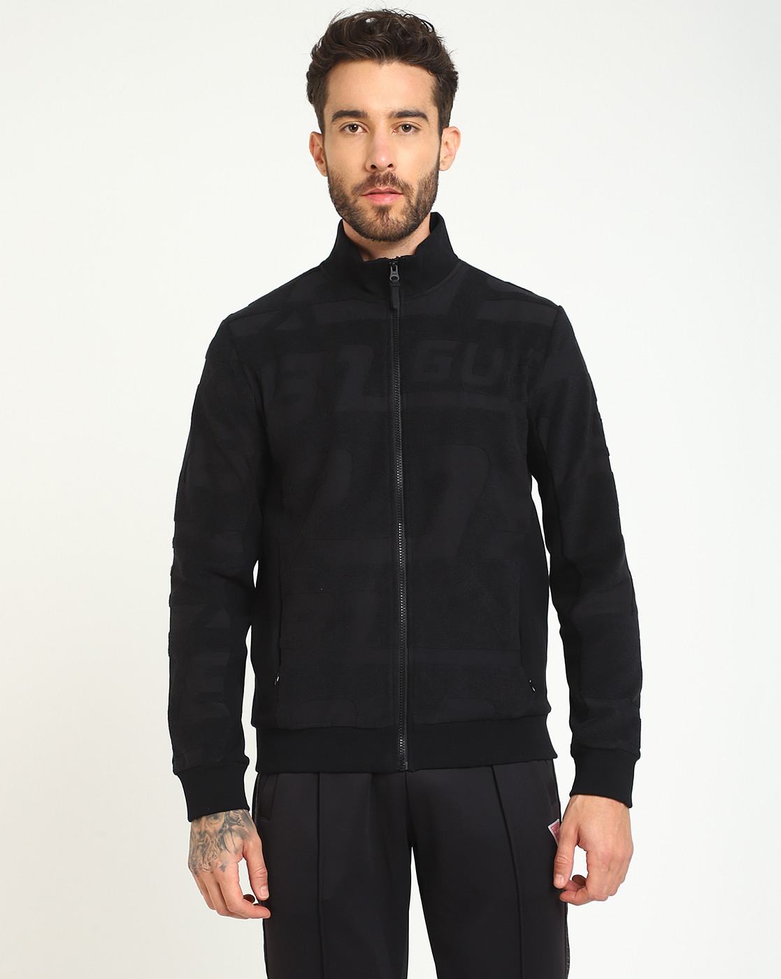 Men's Black Polycotton Self Design Regular Fit High Neck Full Sleeve Sweatshirt