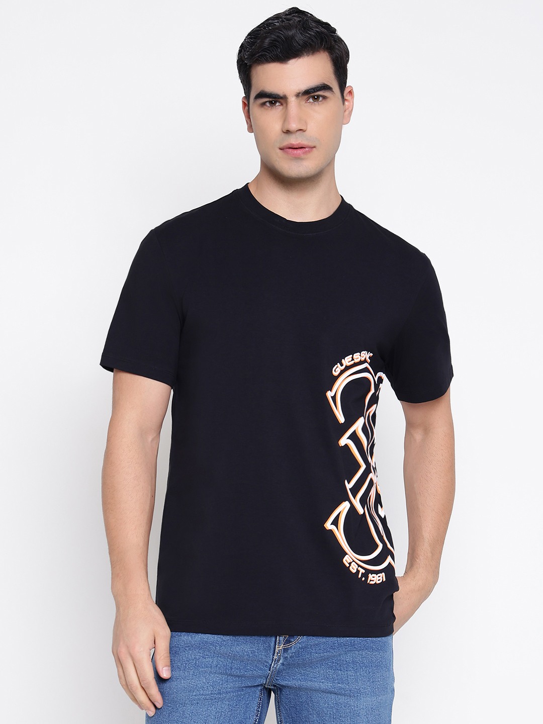 Leroi Jet Black Typography Round Neck Regular Fit T-Shirt