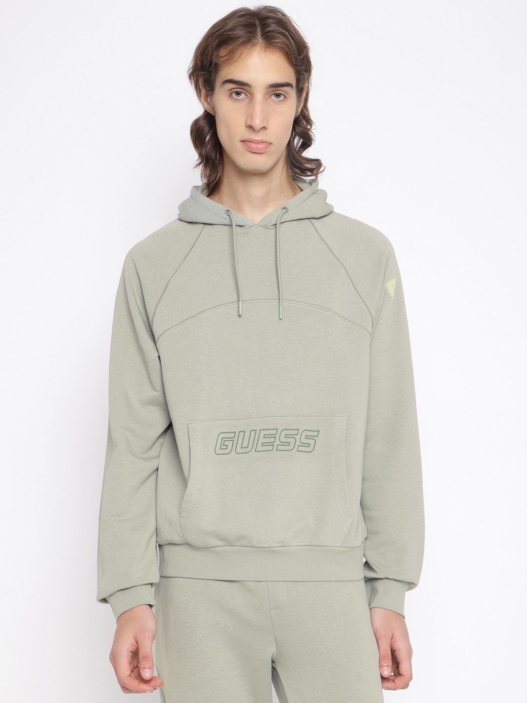 Guess Men's Green Solid Hooded Neck Long Sleeves Sweatshirt
