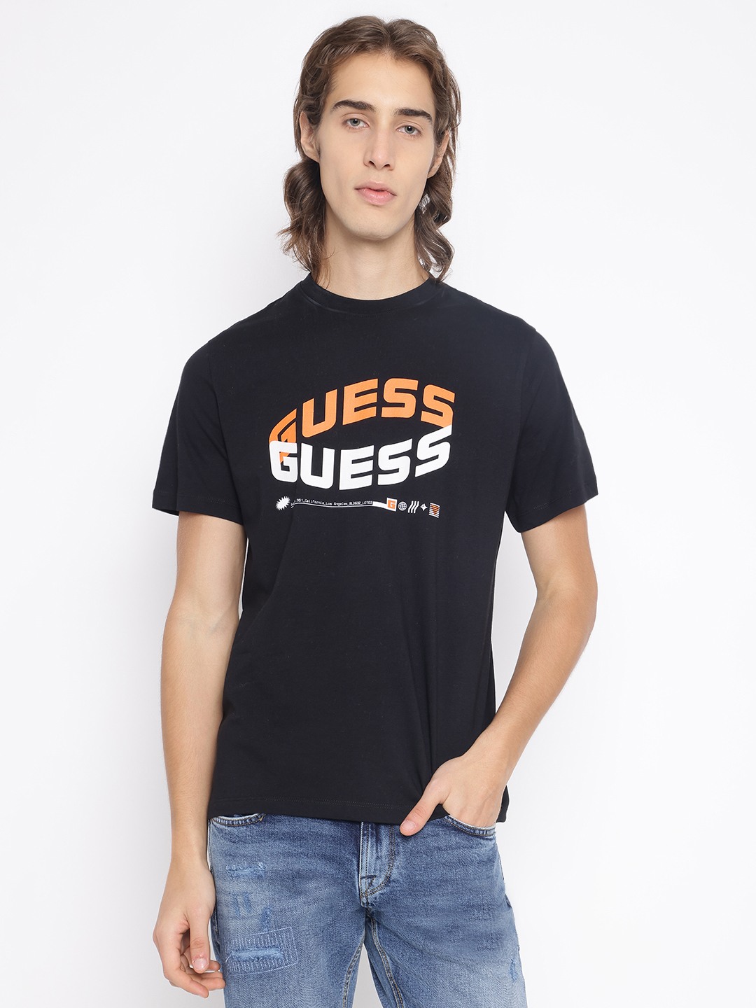 Guess Men's Black Printed Crew Neck Short Sleeves T-Shirt