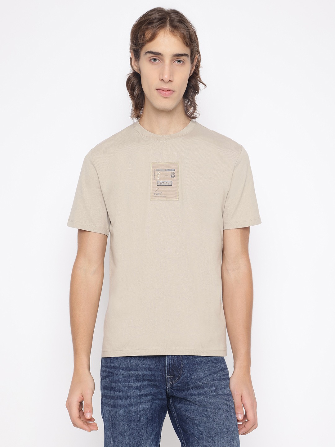Guess Men's Beige Solid Crew Neck Short Sleeves T-Shirt