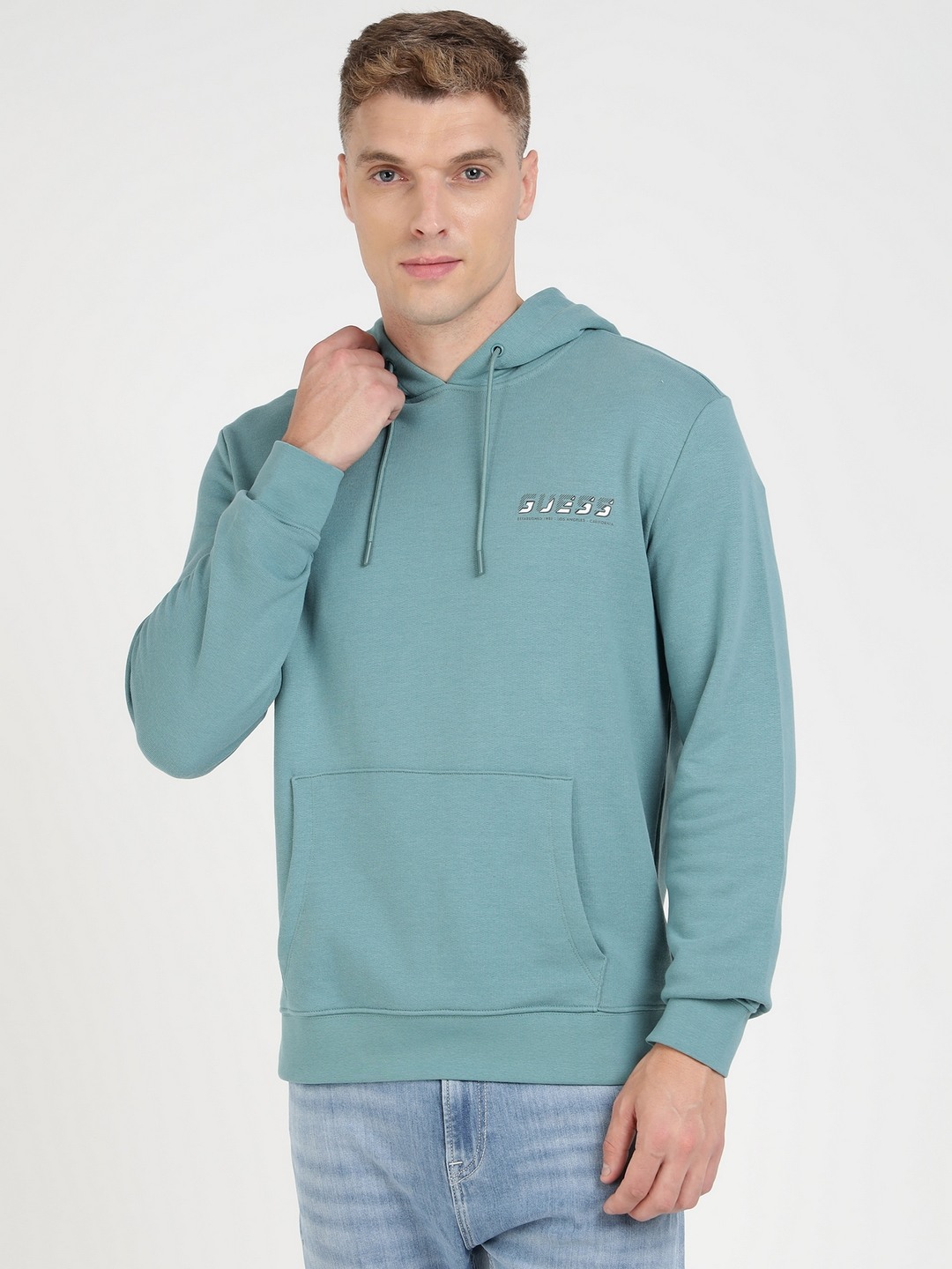 Green Cotton Blend Self-Design Hooded Neck Sweatshirt