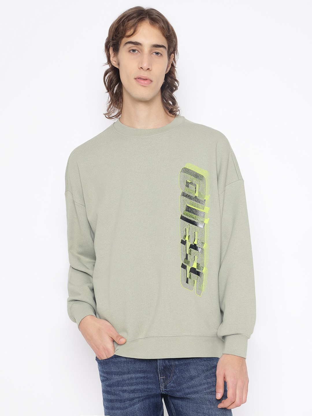 Guess Men's Green Printed Crew Neck Long Sleeves Sweatshirt