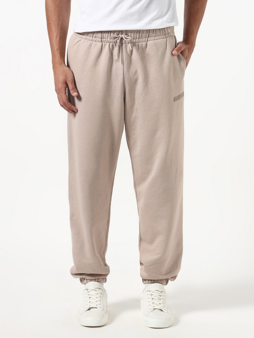 Guess Men Emis Cuffed Beige Solid Relaxed Fit Mid Rise Joggers