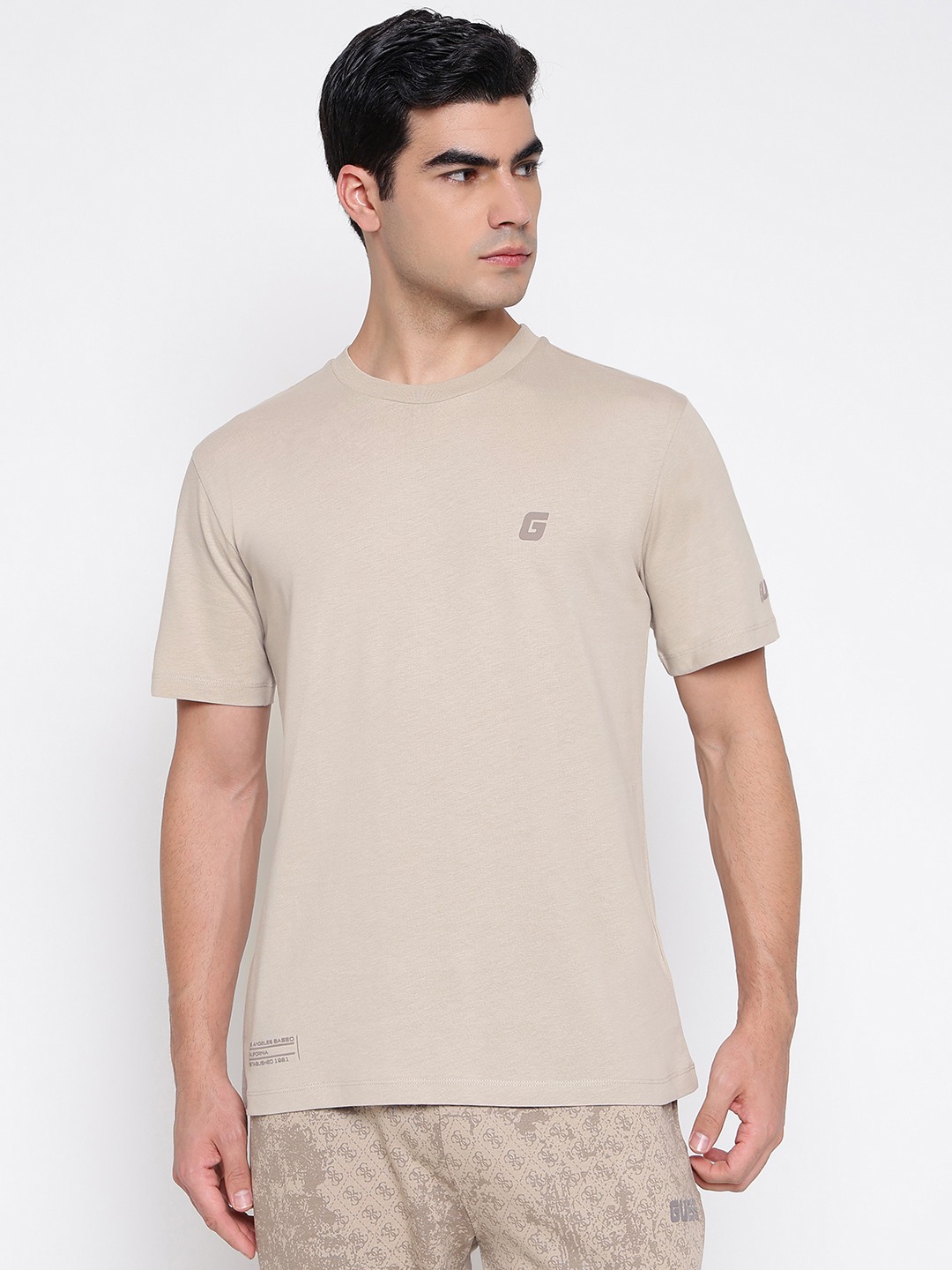 Frah Mid Organic Stream Pasadena Stone Solid Round Neck Regular Fit T-Shirt