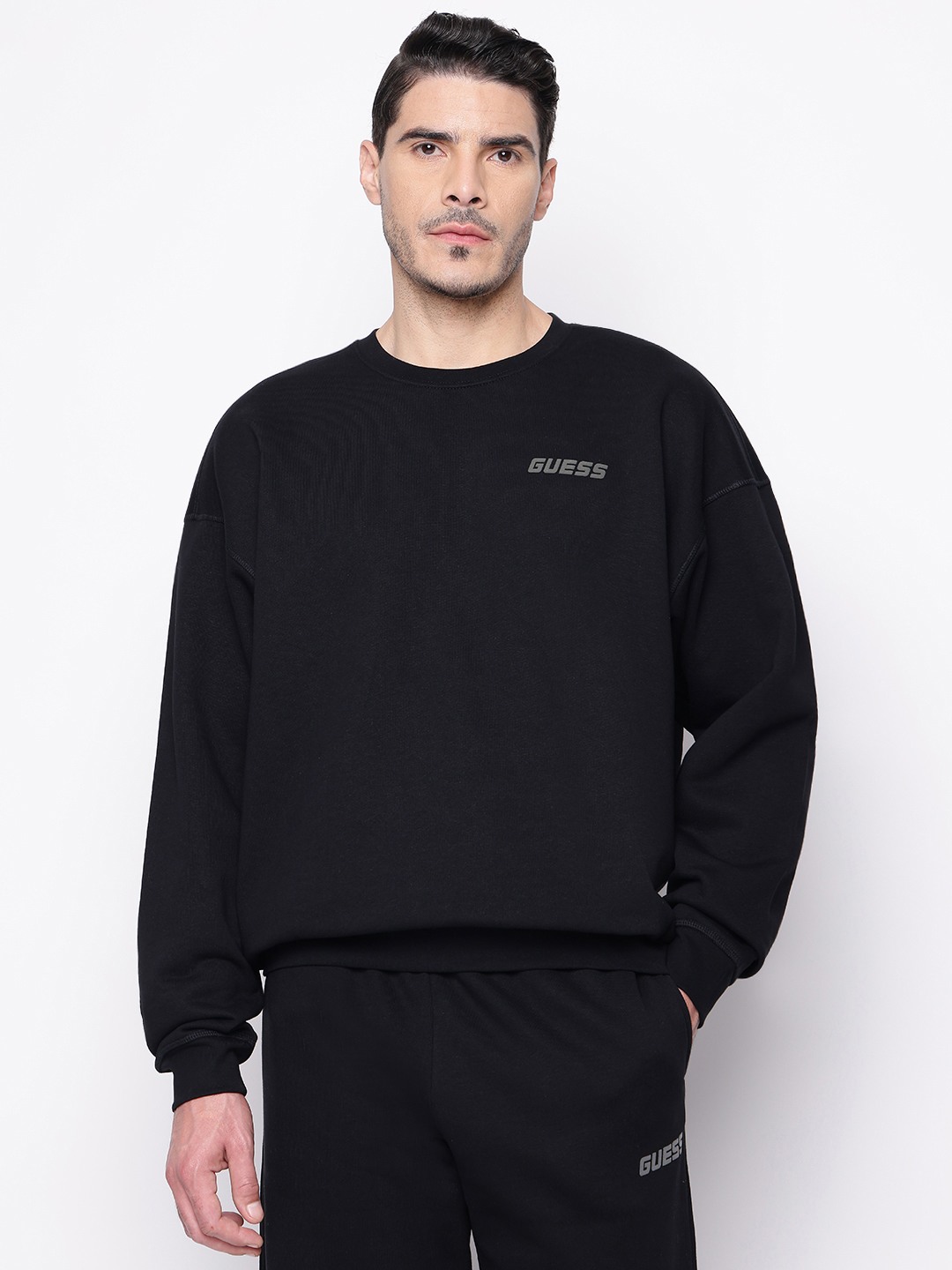 Black Solid Crew Neck Sweatshirt