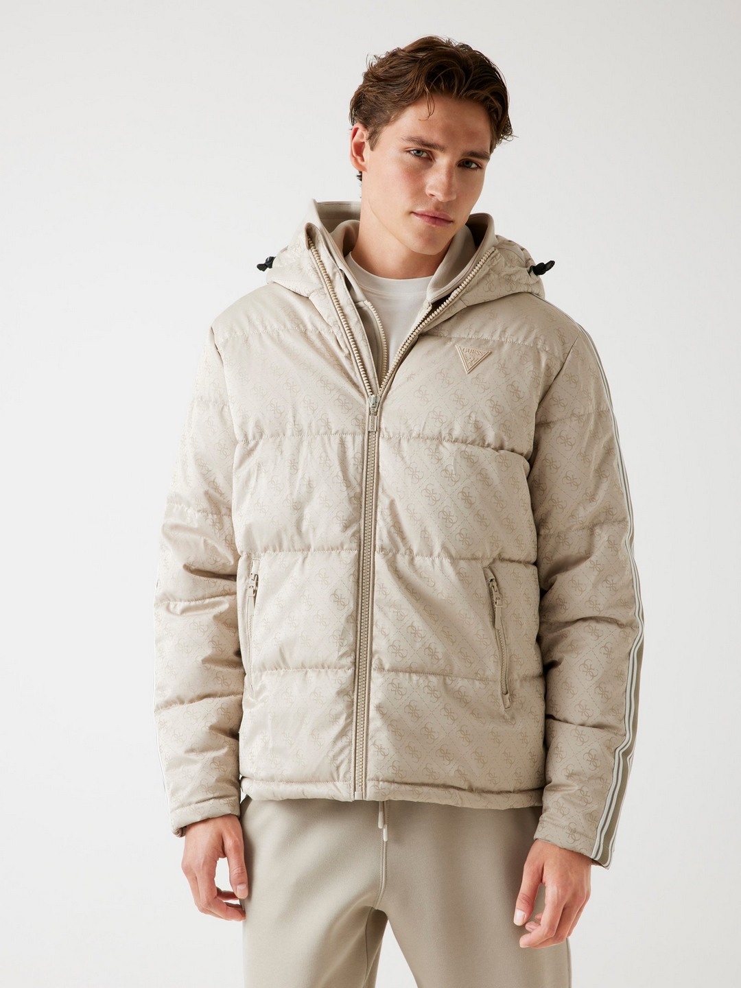 Beige Printed Hooded Jacket