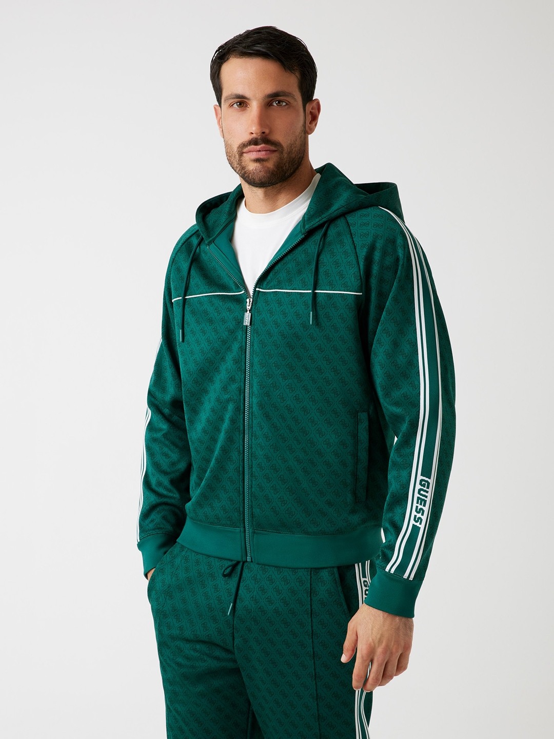 Guess Men's Jacquard Sea Alga Printed Hooded Neck Long Sleeve Parimo 4G Full Zip Sweatshirt