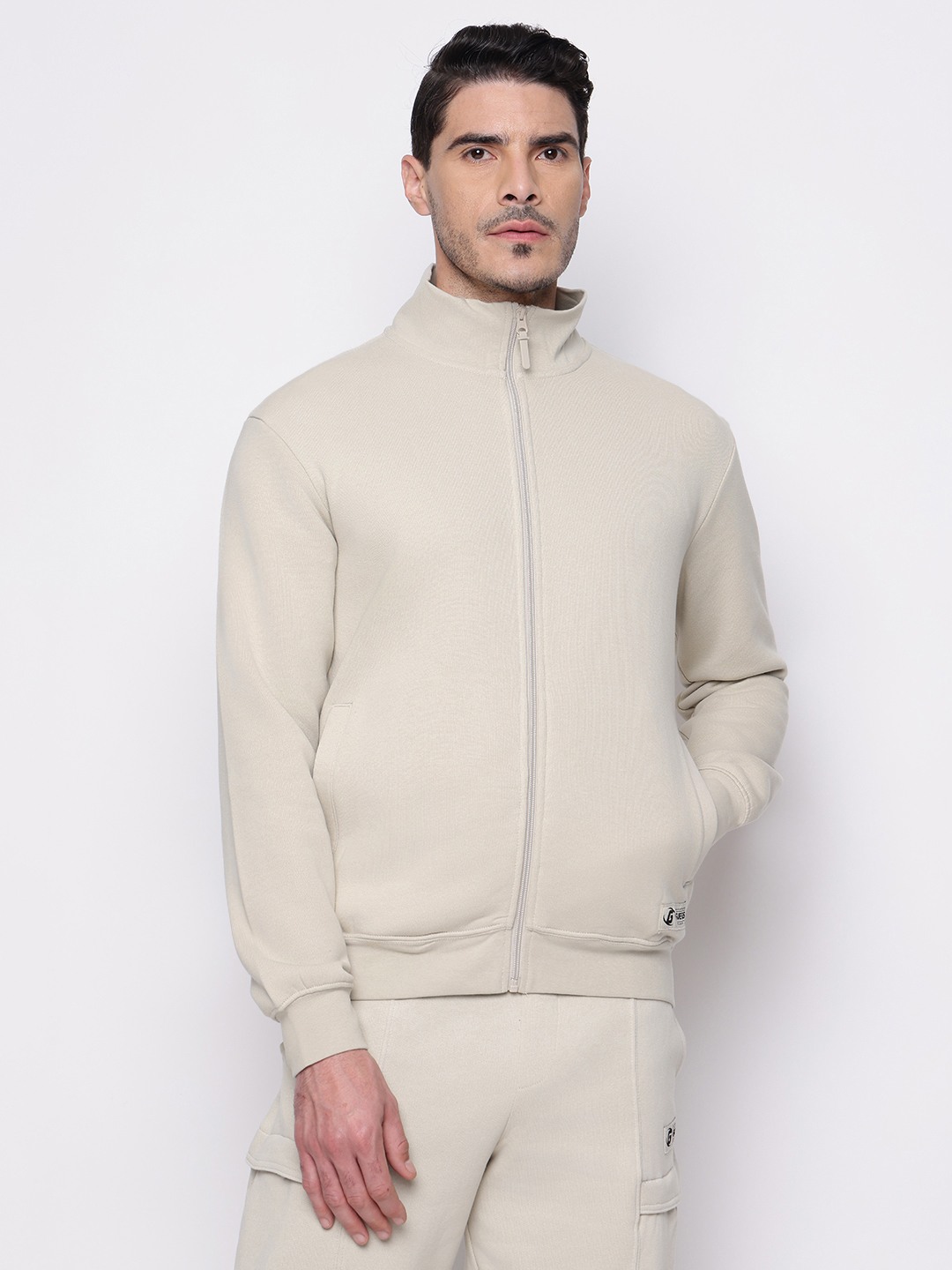 Cream Solid High Neck Sweatshirt
