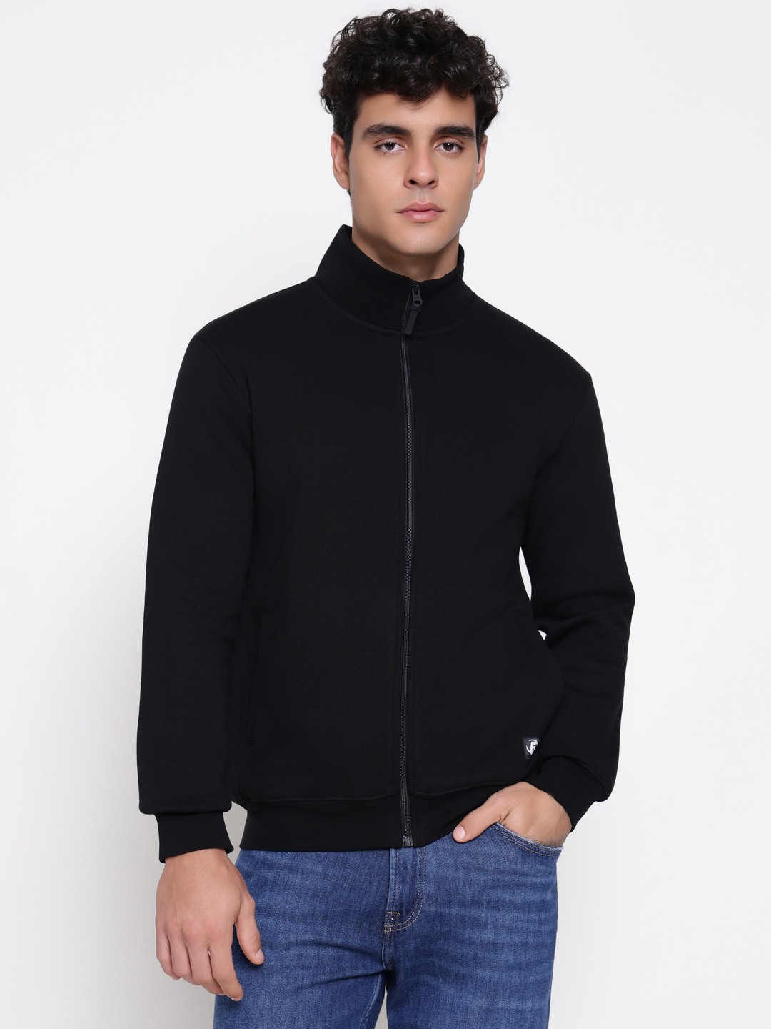 Guess Men Nicco Organic Jet Black Solid High Neck Regular Fit Zip Front Sweatshirt
