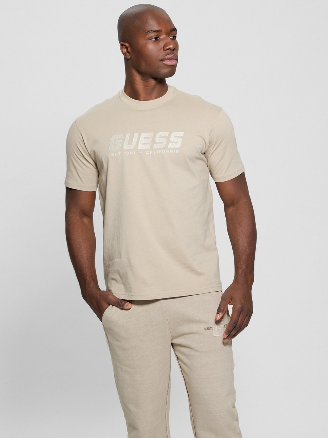 Guess Men's Beige Embroidered Round Neck Short Sleeves T-Shirt