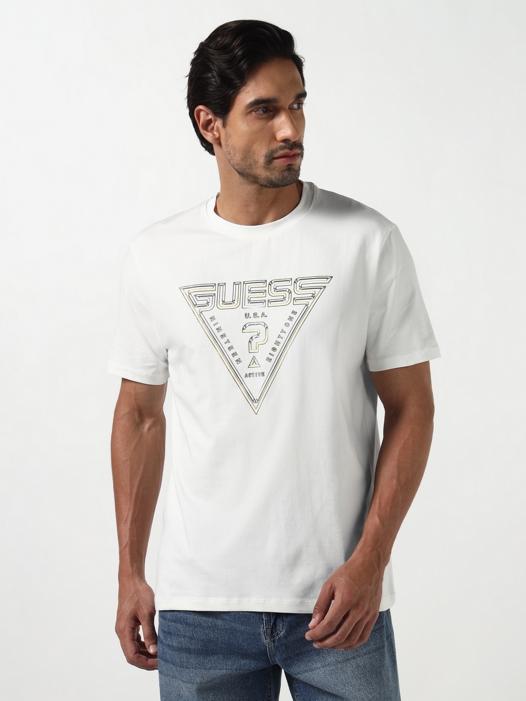 Guess Men Westly White Printed Round Neck Knit Regular Fit T-Shirt