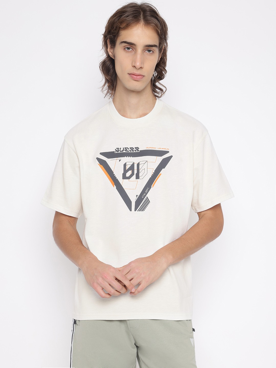 Guess Men's White Printed Crew Neck Short Sleeves T-Shirt