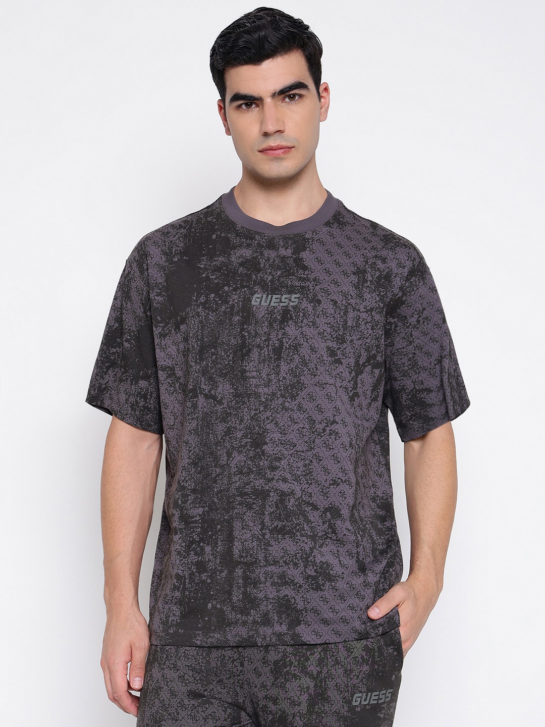 Gotam Mid Organic Stream 4G Destroyed Black Abstract Round Neck Boxy Fit T-Shirt