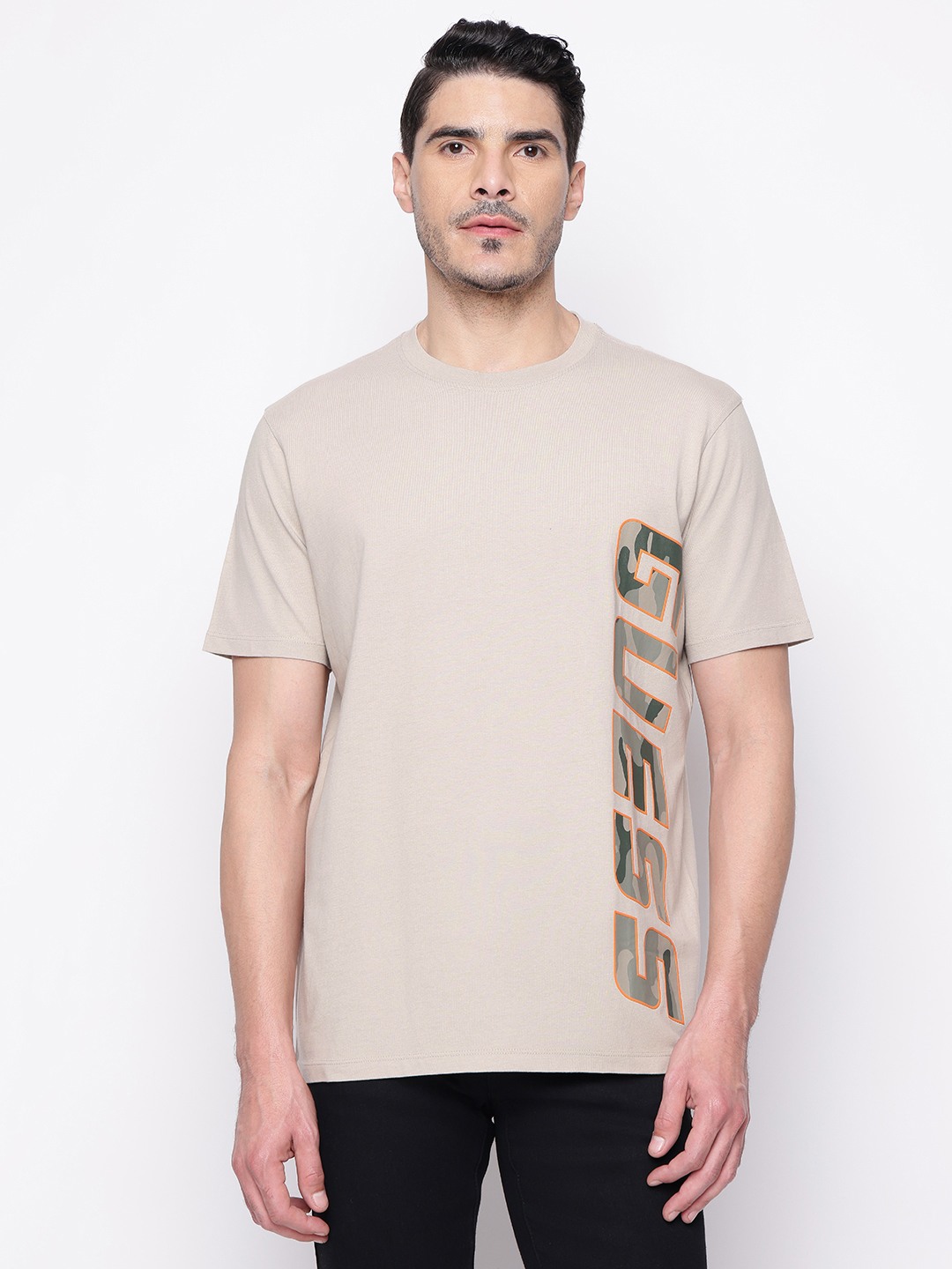 Beige Printed Crew Neck T-shirt