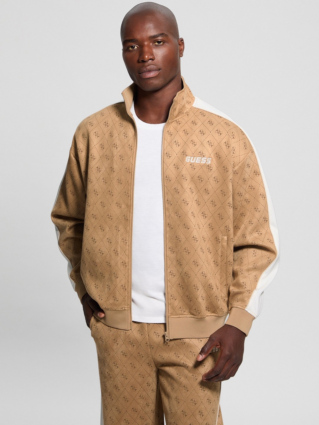 Guess Men's Brown Printed High Neck Long Sleeves Jacket