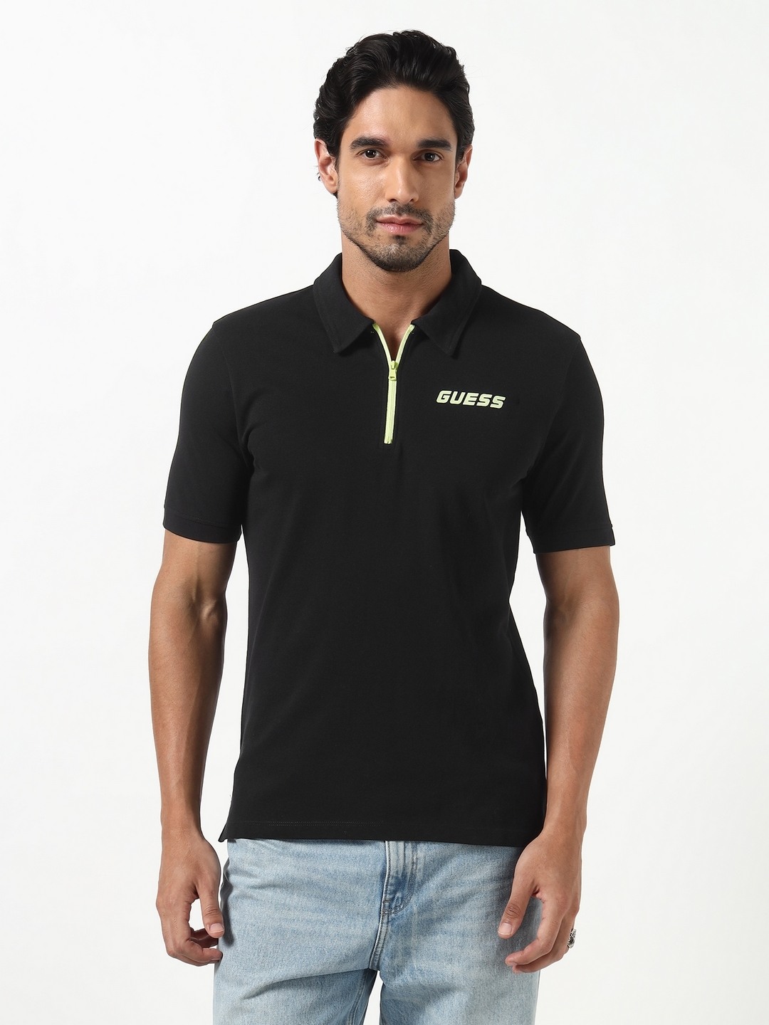 Guess Men Moki Black Solid Polo Neck Knit Slim Fit T-Shirt