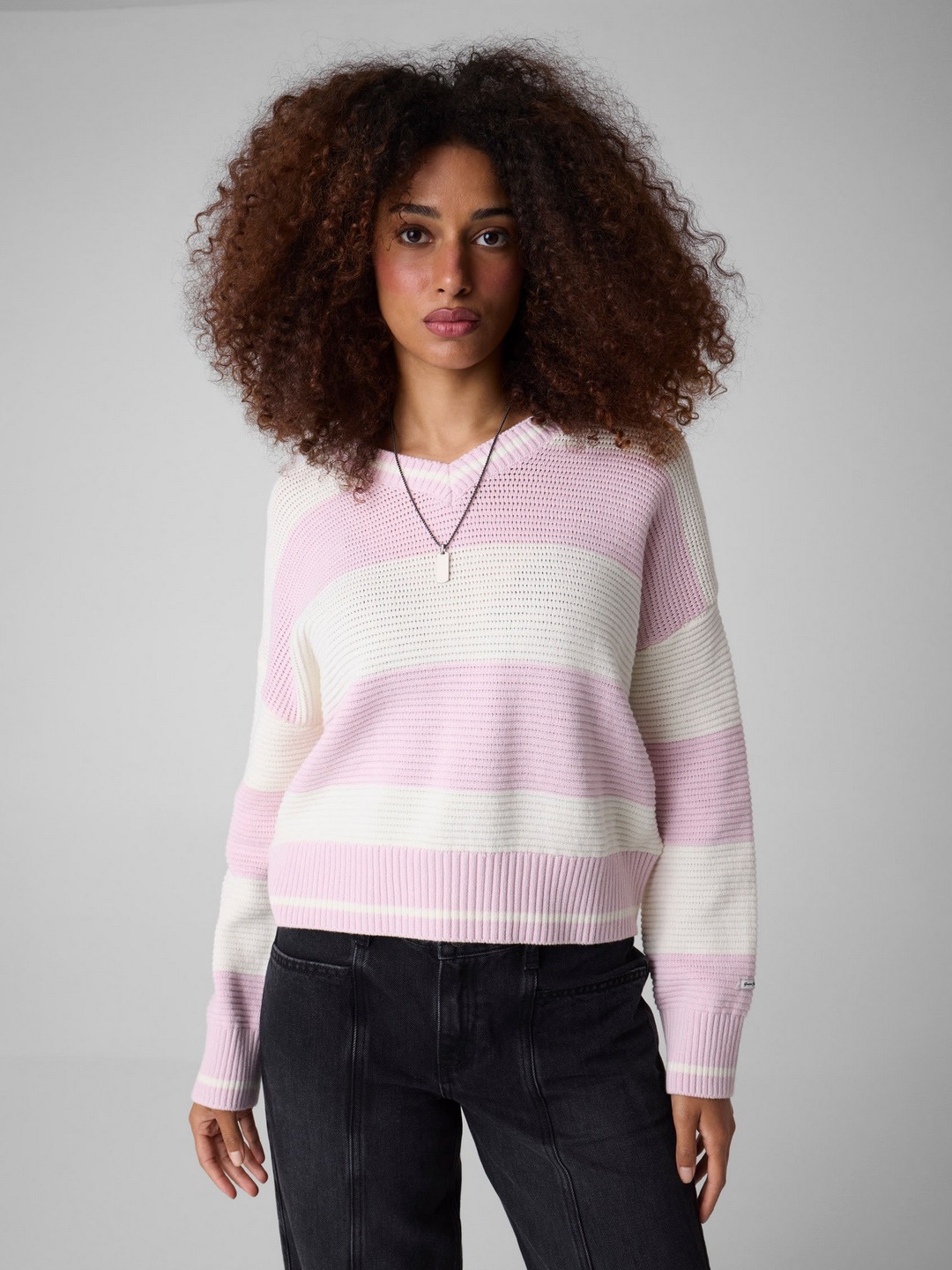 Relaxed Fit V Neck Horizontal Stripes Pullover Sweater