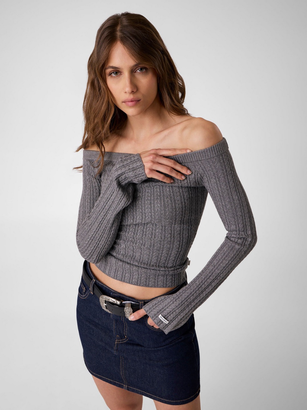 Slim Fit Off Shoulder Textured Pullover Sweater