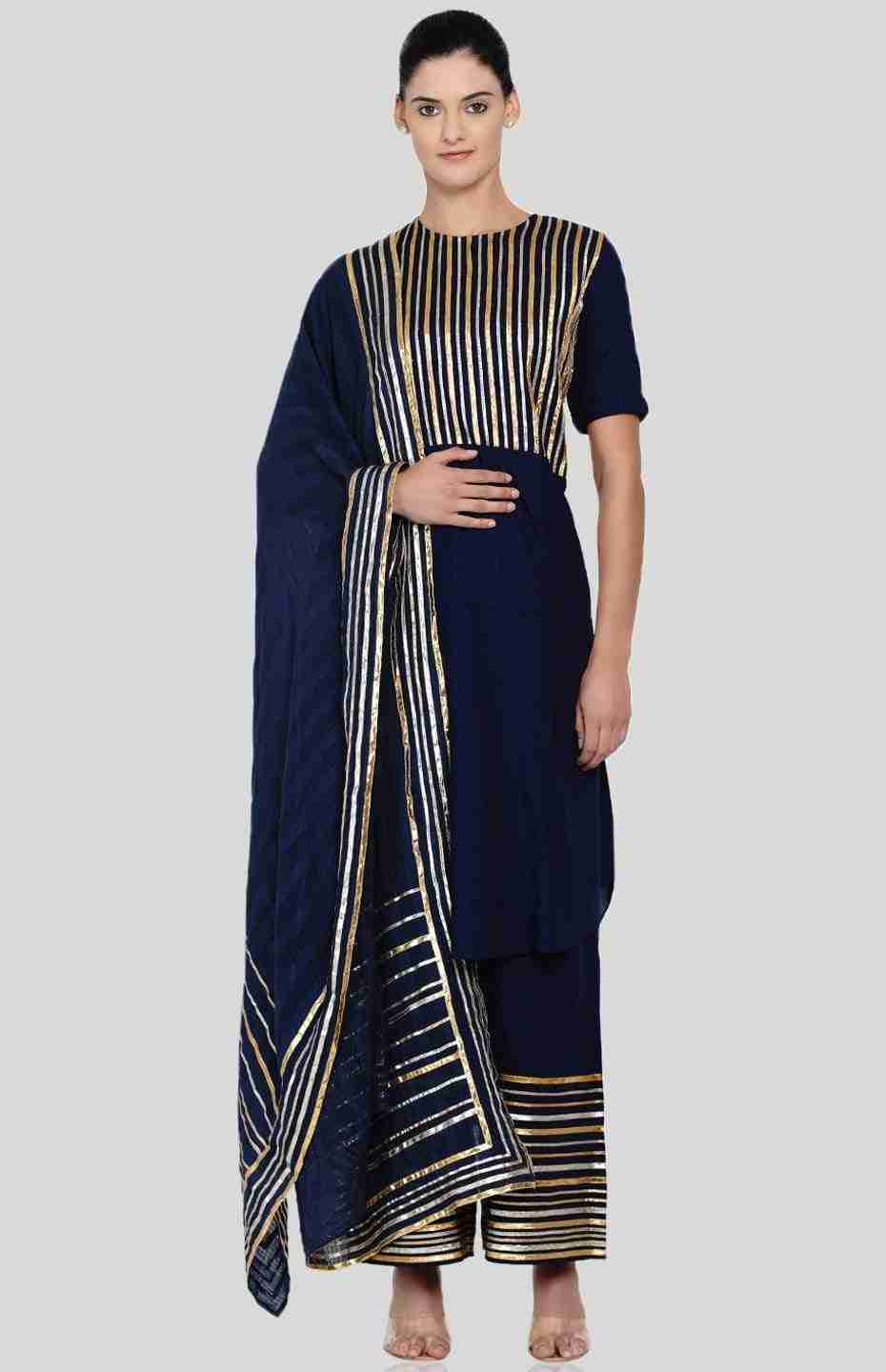 Navy Blue Barcode Asymmetrical Kurta